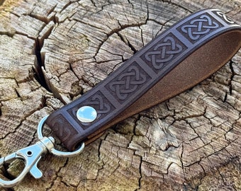 Engraved Celtic Knot Leather Keychain Key Fob with Metal Clasp