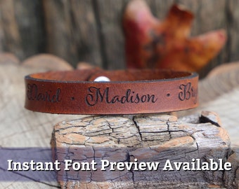 Personalized Engraved Custom Text or Name Leather bracelet Dad Gift Mom Gift Family Bracelet Instant Font Preview ChristmasGift Idea