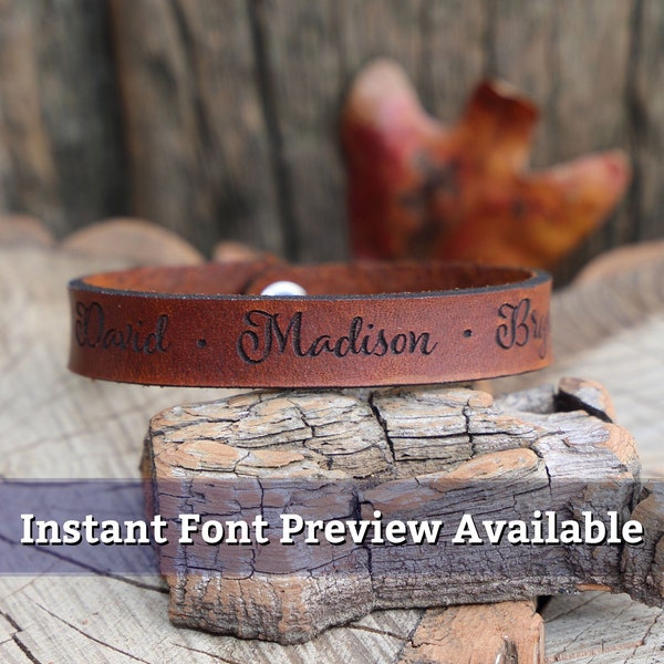 Personalized Engraved Custom Text or Name Leather bracelet Dad Gift Mom Gift Family Bracelet Instant Font Preview ChristmasGift Idea