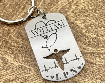Personalized Medical Keychain, Custom Healthcare Worker Gift, Nurse, EMT, LPN, CNA  deep engraved Graduation Gift