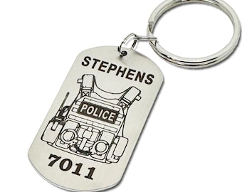 Personalized Police Keychain, Custom Badge Number Dog Tag, Stainless Steel Tactical Vest Tag