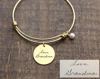 Personalized Handwriting Bangle Handwritten Charm Custom Handwriting Jewelry Handwritten Message Your Handwriting Engraved Gold Bangle
