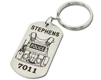 Personalized Police Keychain, Custom Badge Number Dog Tag, Stainless Steel Tactical Vest Tag