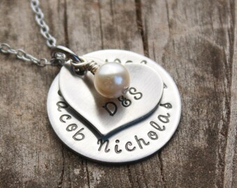 Personalized Mother's necklace with heart and couples initials handstamped pendant necklace with swarovski pearl Christmas Gift Idea