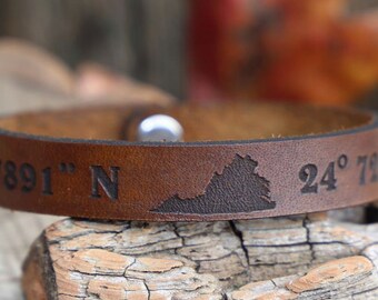 Personalized Leather Bracelet with State of your Choice Latitude Longitude bracelet GPS Coordinates leather bracelet engraved leather cuff