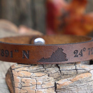 Personalized Green Leather Bracelet Hand Made in USA url Latitude Longitude GPS Coordinates Custom QR Code Coordinates text etc