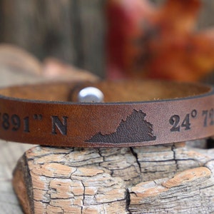 Personalized Leather Bracelet with State of your Choice Latitude Longitude bracelet GPS Coordinates leather bracelet engraved leather cuff