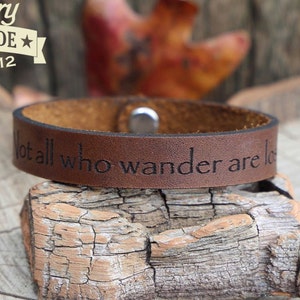 Personalized engraved leather bracelet Not all who wander are lost leather bracelet engraved leather cuffChristmasChristmasGift Idea image 2