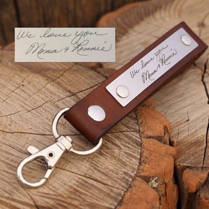 Custom Handwriting Engraved Personalized Leather Key Fob Lanyard with Stainless Plate Keychain Keyring Key Ring Leather cuff