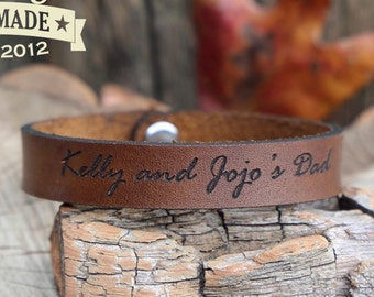 Personalized Engraved Custom Text leather bracelet children's names engraved leather bracelet engraved leather cuff gift for dad