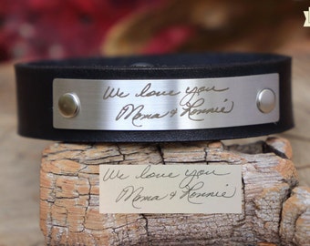 Custom Handwriting Engraved Personalized Leather Bracelet Leather cuff Handwriting Engraved Bracelet Black Leather Bracelet Color Options