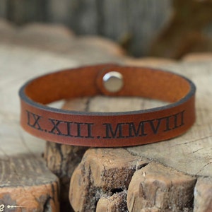 Personalized Roman Numeral Bracelet Roman Numeral date leather bracelet leather cuff engraved leather cuff custom leather Christmas Gift