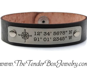 Custom Coordinates Mens Personalized Leather Bracelet Longitude Latitude Leather GPS Coordinates Gift for Him Father's Day Christmas Gift