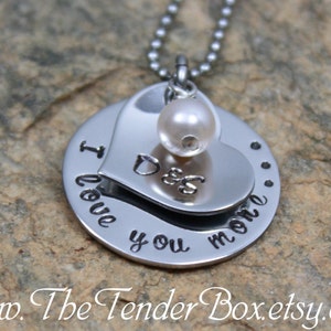 Personalized heart necklace "I love you more..." handstamped pendant necklace with swarovski pearl Christmas Gift Idea