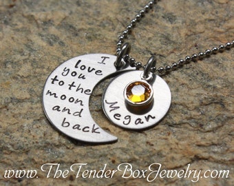 Personalized Moon necklace I love you to the moon and back moon and name pendant necklace Moon and Back Handstamped Necklace Print Font