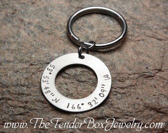 Personalized Custom latitude longitude key ring GPS Keychain Coordinates Keychain  handstamped Mother's Day Gift Idea