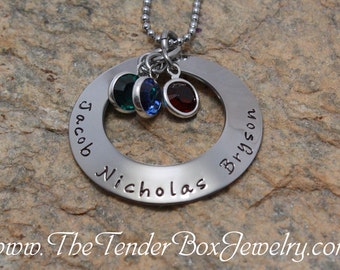 Personalized Custom Washer Mother's Necklace Hand stamped Mothers washer necklace handstamped with Swarovski birthstones Can be customized