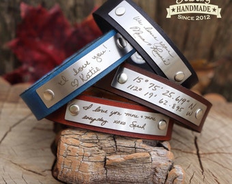 Engraved Handwriting Stainless Plate Leather Bracelet - Custom Wording Bracelet - Anniversary Gift