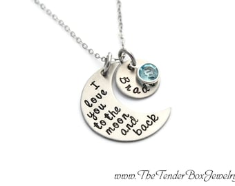 Personalized Moon Pendant Necklace, I Love You to the Moon and Back, Birthstone Name Charm