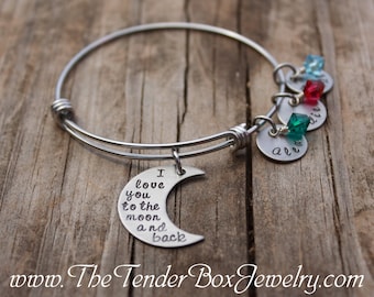 Personalized I love you to the moon and back bangle bracelet with names and birthstones Mothers gift Mom gift Grandma gift