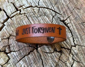 Personalized Engraved Leather Bracelet Not Perfect Just Forgiven with Cross Inspirational Motivational Bracelet