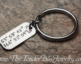 Personalized GPS Latitude Longitude Coordinates key ring Handstamped Small Dogtag keyring keychain Mother's Day Gift Idea