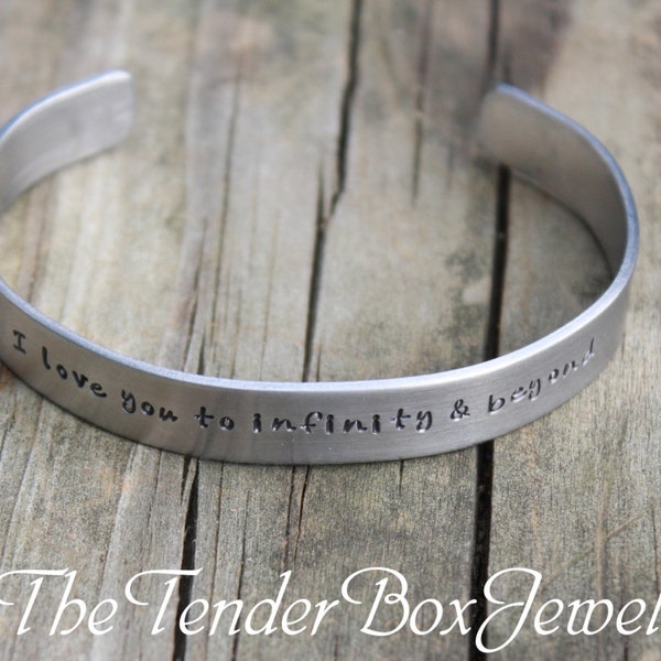Personalized hand stamped stainless metal cuff bracelet I love you to infinity and beyond metal bracelet Christmas Gift Idea