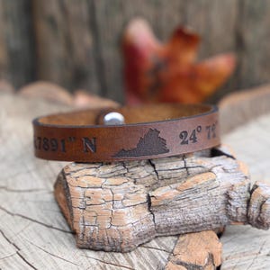 Personalized Leather Bracelet with State of your Choice Latitude Longitude bracelet GPS Coordinates leather bracelet engraved leather cuff