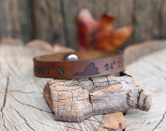Personalized Leather Bracelet with State of your Choice Latitude Longitude bracelet GPS Coordinates leather bracelet engraved leather cuff