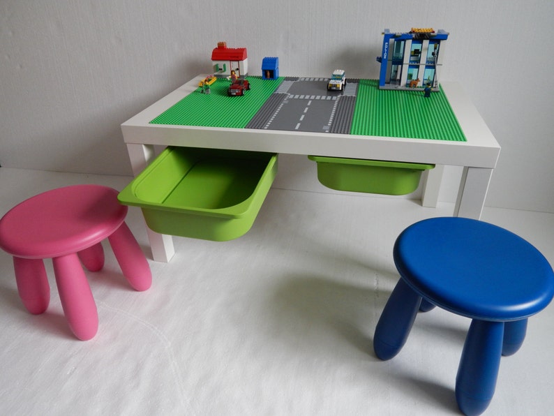 Large Brick Building Activity Storage Table 30 X20 Green And Roadway Buliding Surface On White Table 2 Stools Compatible With Lego