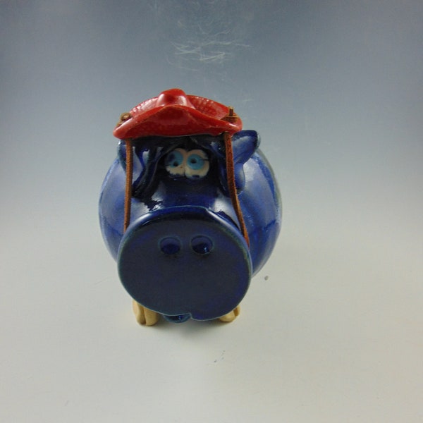 Blue Piggy Bank with Red Cowboy Hat