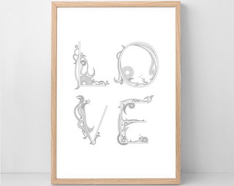 May include: A framed print with a black and white illustration of the word "LOVE" with decorative swirls and flourishes.