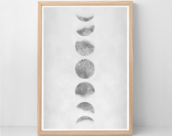 May include: A framed print with a white background and a vertical row of seven silver moon phases.