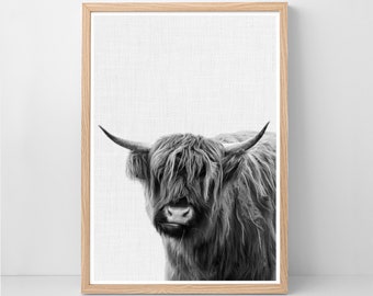 Highland Cow Art, preto e branco, Highland Cattle Print, Farmhouse Southwestern Large Poster Download, Boho Decor Printable Art, Poster