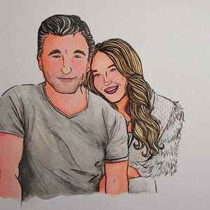 May include: A watercolor illustration of a couple. The man is wearing a gray t-shirt and the woman is wearing a white fur jacket. They are both smiling.