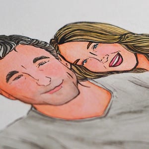 May include: A watercolor painting of a couple. The woman is lying on top of the man, with her head resting on his shoulder. They are both smiling. The woman has long, blonde hair and is wearing a white shirt. The man has short, dark hair and is wearing a gray shirt.