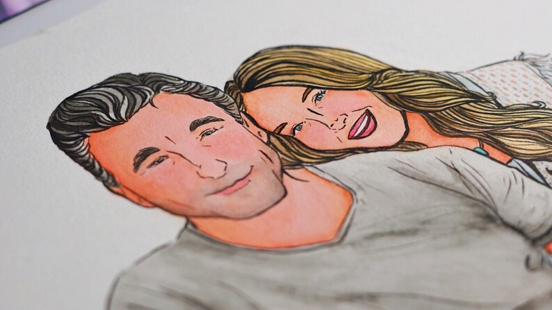 May include: A watercolor painting of a couple. The woman is lying on top of the man, with her head resting on his shoulder. They are both smiling. The woman has long, blonde hair and is wearing a white shirt. The man has short, dark hair and is wearing a gray shirt.