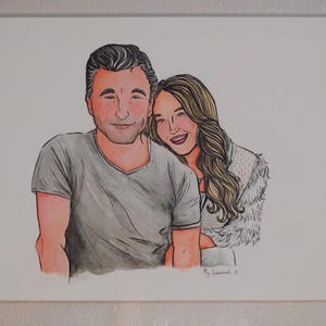 May include: A watercolor painting of a couple. The man is wearing a gray t-shirt and the woman is wearing a white fur coat. The painting is signed "By Laurencia"