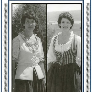 May include: A black and white photo of two people wearing different styles of white tops with a vest over the top. The text "WOMAN'S BODICE PATTERN SIZES 8 thru 20" is at the top of the image.
