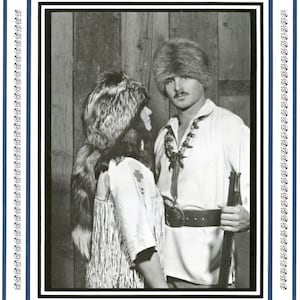 May include: A black and white photo of two people wearing fur hats. The woman is wearing a long, fringed coat and the man is wearing a white shirt and a belt. The text "Classic FUR HAT PATTERN" and "Sizes 6 5/8 Through 7 5/8 Included" is printed at the top of the image.