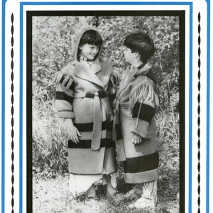 May include: Black and white photo of two children wearing handmade blanket coats. The children are standing in a wooded area and are looking at each other. The image is from a vintage sewing pattern for a child's blanket capote. The pattern is available in small, medium, and large sizes.