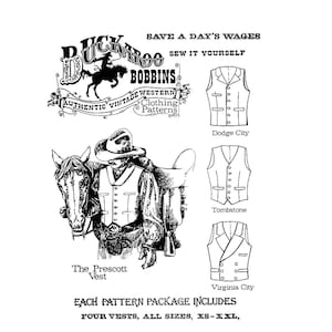 Men's Cowboy Western Vest in 4 Styles - Chest Sizes 34-58" - Buckaroo Bobbins Sewing Pattern