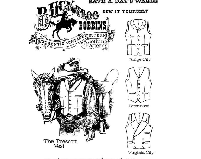 Featured listing image: Men's Cowboy Western Vest in 4 Styles - Chest Sizes 34-58" - Buckaroo Bobbins Sewing Pattern