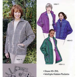 May include: A pattern for a "Flight Jacket Two" by SAF-T-POCKETS. The image shows a woman wearing the jacket, along with illustrations of the jacket in purple, green, and blue. The pattern includes sizes XS-3XL and multiple hidden pockets.