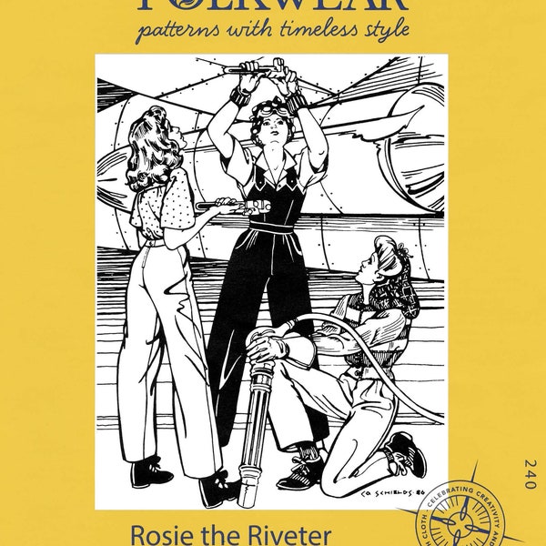 Folkwear Rosie the Riveter WWII 1940s Overalls, Shirt, Slacks Sewing Pattern #240 size XS-2XL, Knit Sweater & Crochet Snood