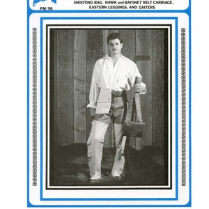 May include: A black and white photo of a man wearing a white shirt, brown pants, and a leather belt. He is holding a long, brown leather bag. The photo is surrounded by a blue border with a white pattern.