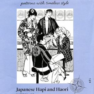 May include: Black and white illustration of four people wearing traditional Japanese clothing, including a haori and hapi. The illustration is titled "Japanese Hapi and Haori" and "Pattern 129".