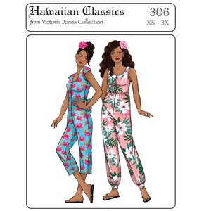 May include: Two women wearing floral print jumpsuits. The woman on the left is wearing a blue jumpsuit with pink flowers. The woman on the right is wearing a pink jumpsuit with white flowers. Both women are wearing flower crowns. The image includes the text "Hawaiian Classics from Victoria Jones Collection 306 XS - 3X".
