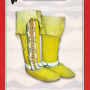May include: A pair of yellow leather moccasins with beaded trim. The moccasins are high-top and have a pointed toe. The pattern is called "Plains Hi-Top Moccasins" and is from Missouri River Patterns.