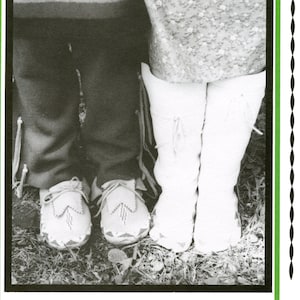 May include: Black and white photo of a child's moccasin sewing pattern. The pattern includes instructions for making hightop and regular moccasins with hard or soft soles. Sizes included are 4 through 13 and 1 through 6.
